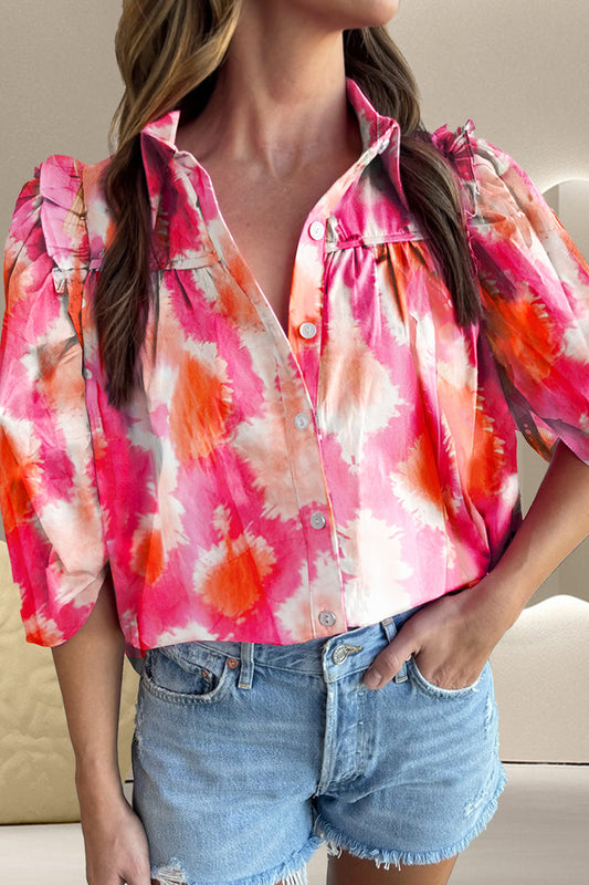 Frill Contrast Print Collared Neck Half Sleeve Shirt