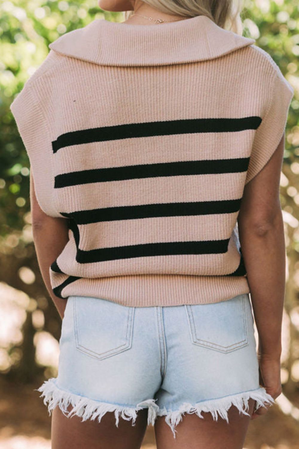 Striped Half Zip Cap Sleeve Knit Top